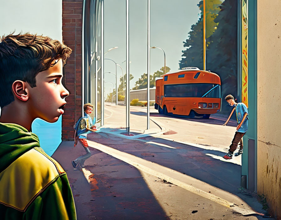 Surreal illustration of boy reflected in diminishing sizes on street with approaching bus