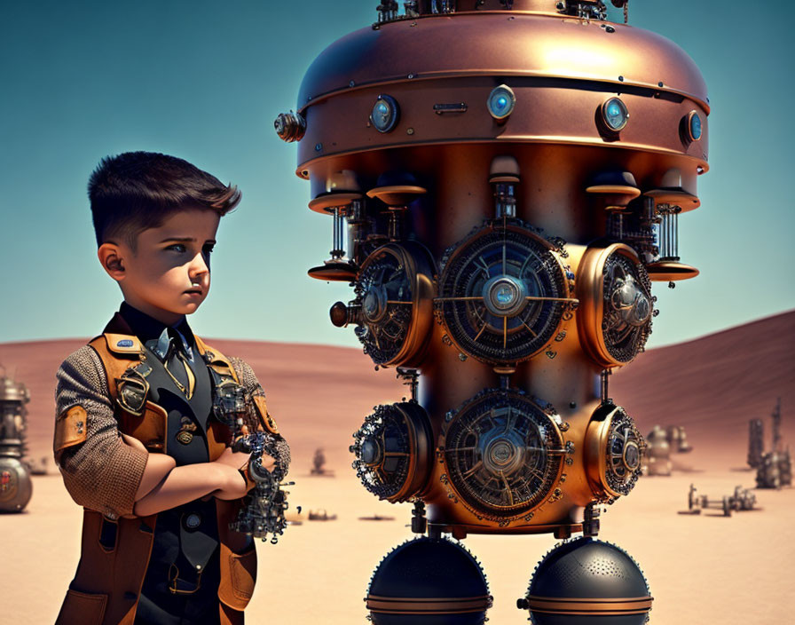 Steampunk boy with mechanical robot in desert scene