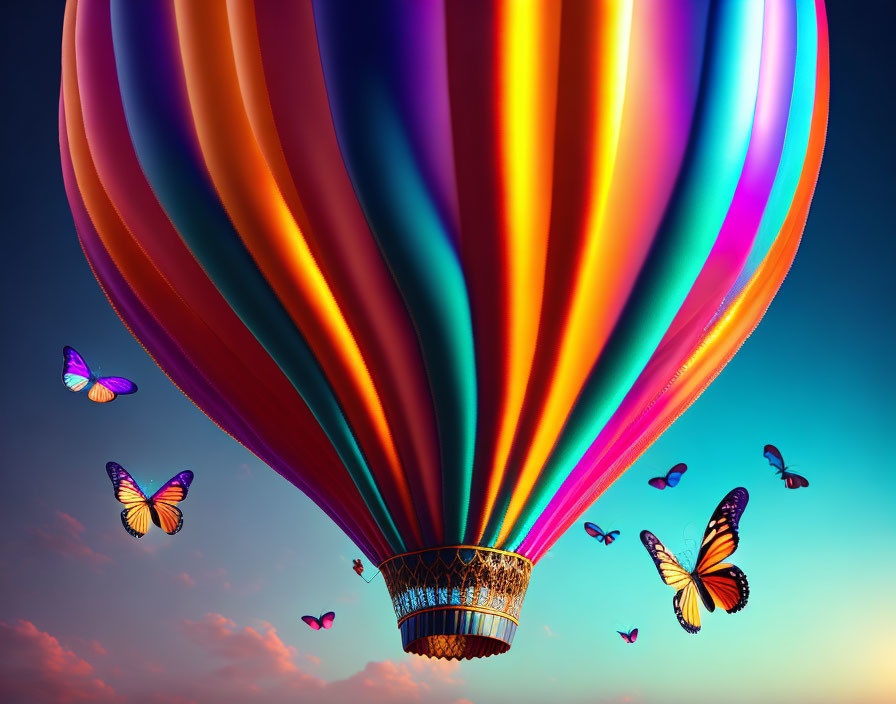 Colorful Hot Air Balloon and Butterflies in Sunset Sky