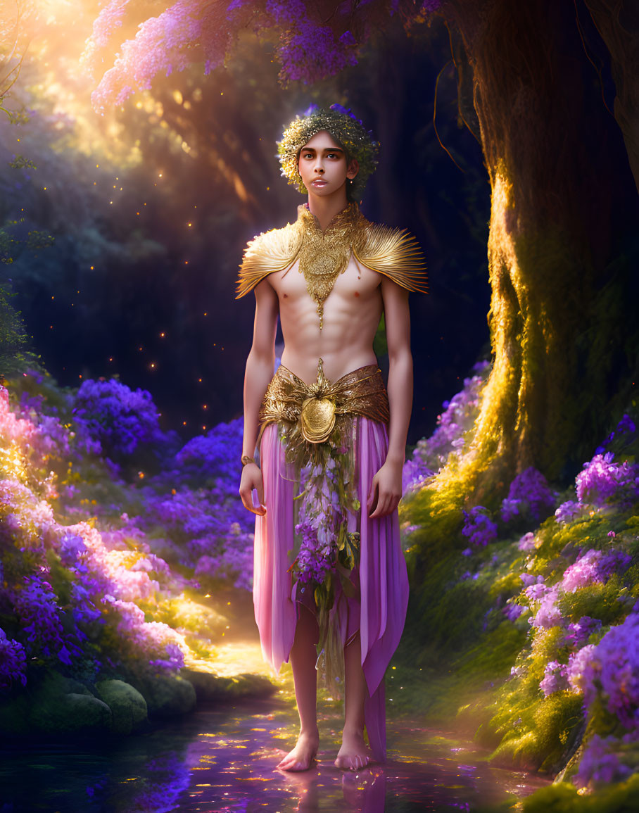 Golden-armored figure with leafy crown in vibrant purple-flowered forest