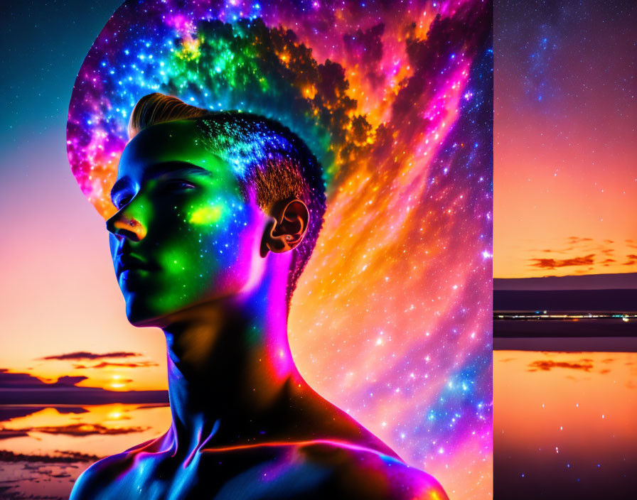 Colorful cosmic light profile portrait against vibrant nebula background
