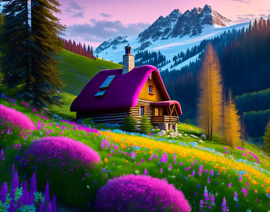 Purple-roofed cottage in vibrant meadow with mountains at sunset