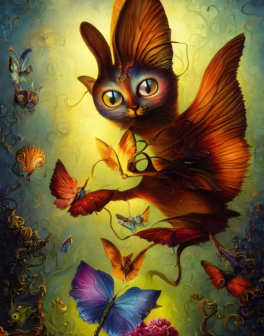 Colorful winged cat surrounded by butterflies on golden background