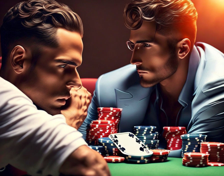Two Men Playing Poker with Casino Chips and Cards