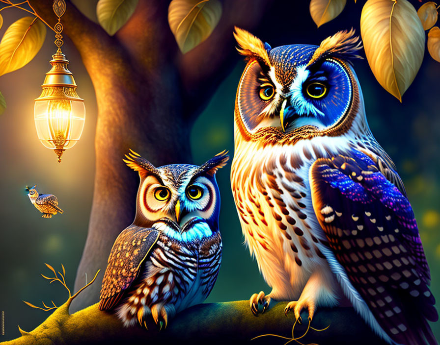 Colorful Owls Perched on Branch with Lantern at Night