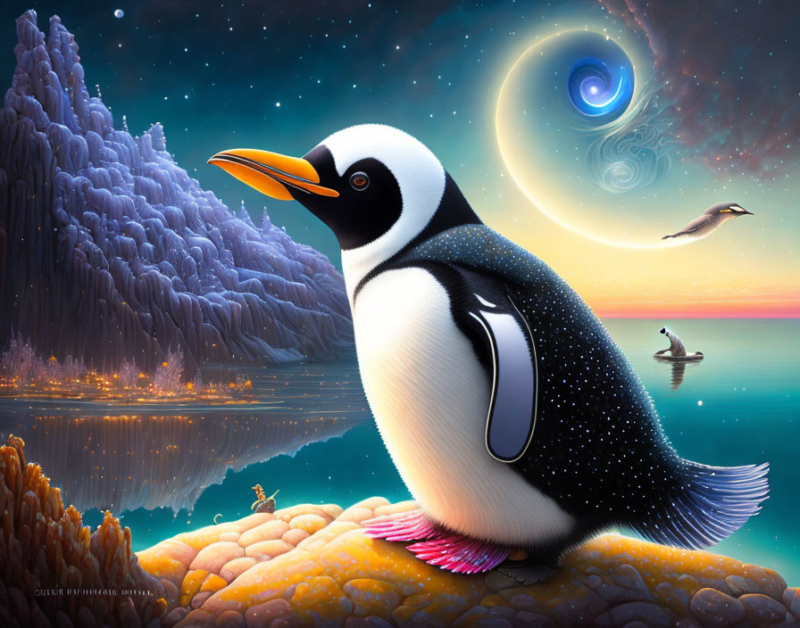 Colorful Penguin Artwork: Penguin on Rocky Shore under Starry Sky