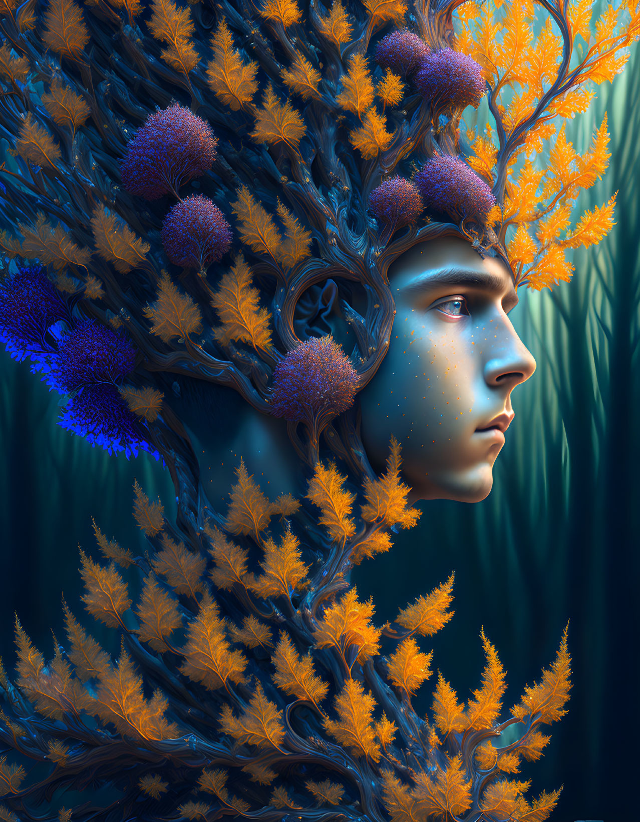 Blue-skinned person with tree head in orange and purple foliage on dark teal background