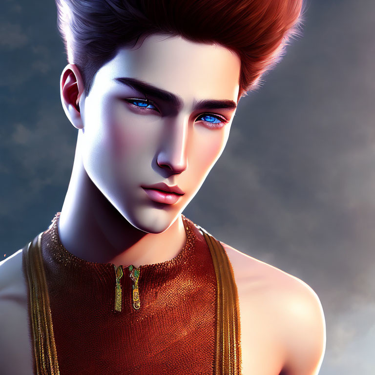 Digital illustration of man with blue eyes, red hair, and gold neckline top