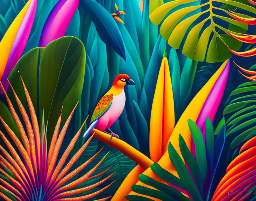 Colorful Bird Illustration in Tropical Jungle with Red Head and Lush Foliage