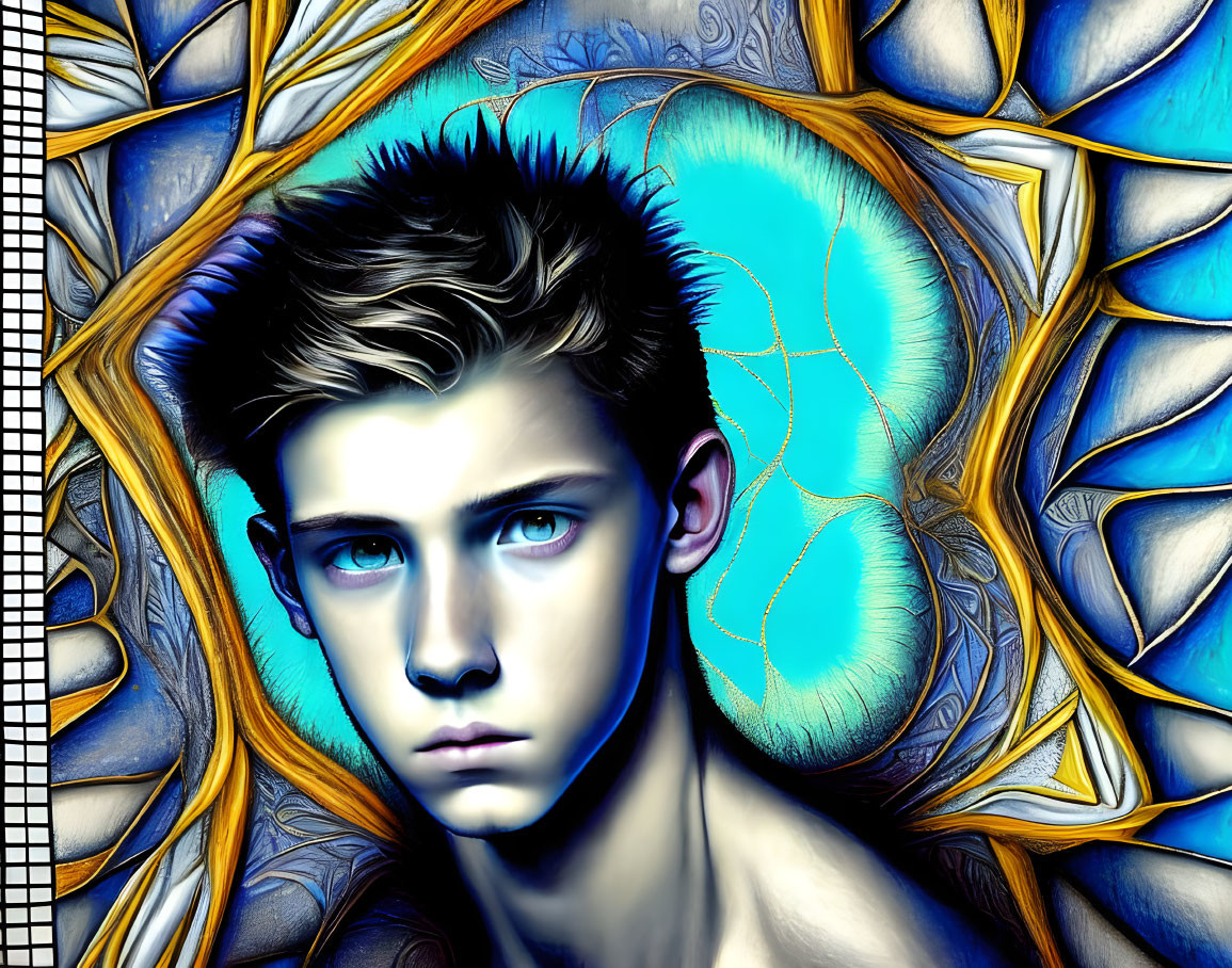 Detailed digital artwork of young male with blue eyes and aura on multicolored background