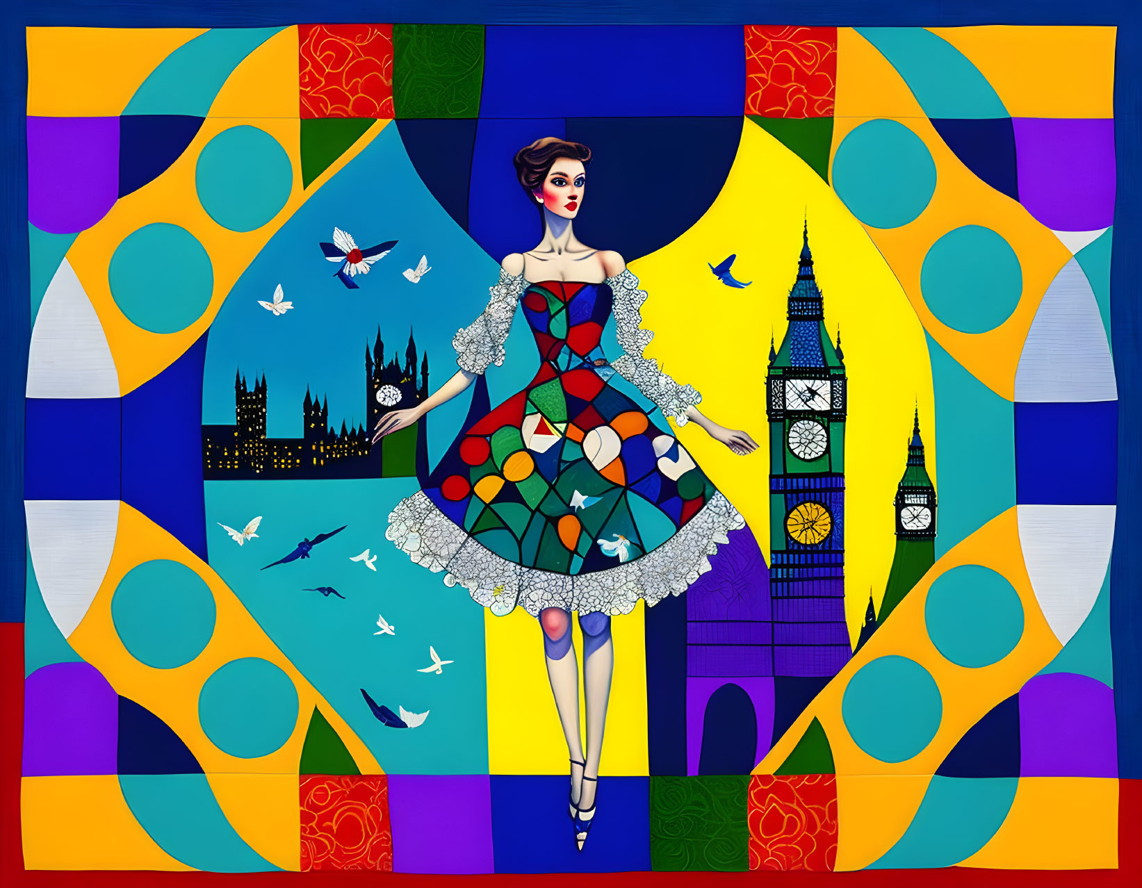 Colorful Geometric Dress Woman with Big Ben Background