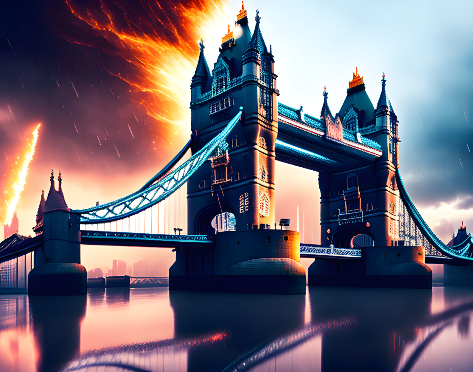 Fantastical London Tower Bridge with Orange and Teal Sky