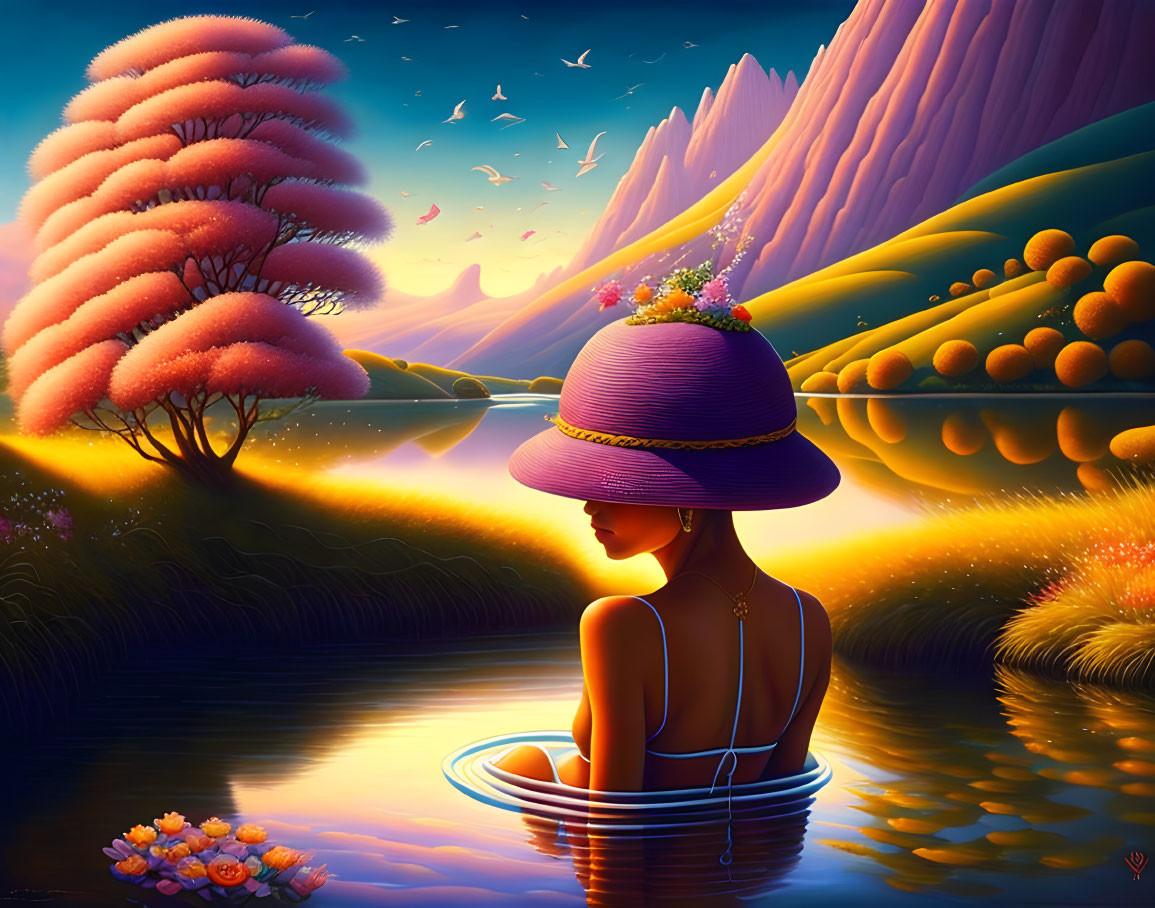 Woman in Purple Hat Sitting in Tranquil Water in Colorful Landscape