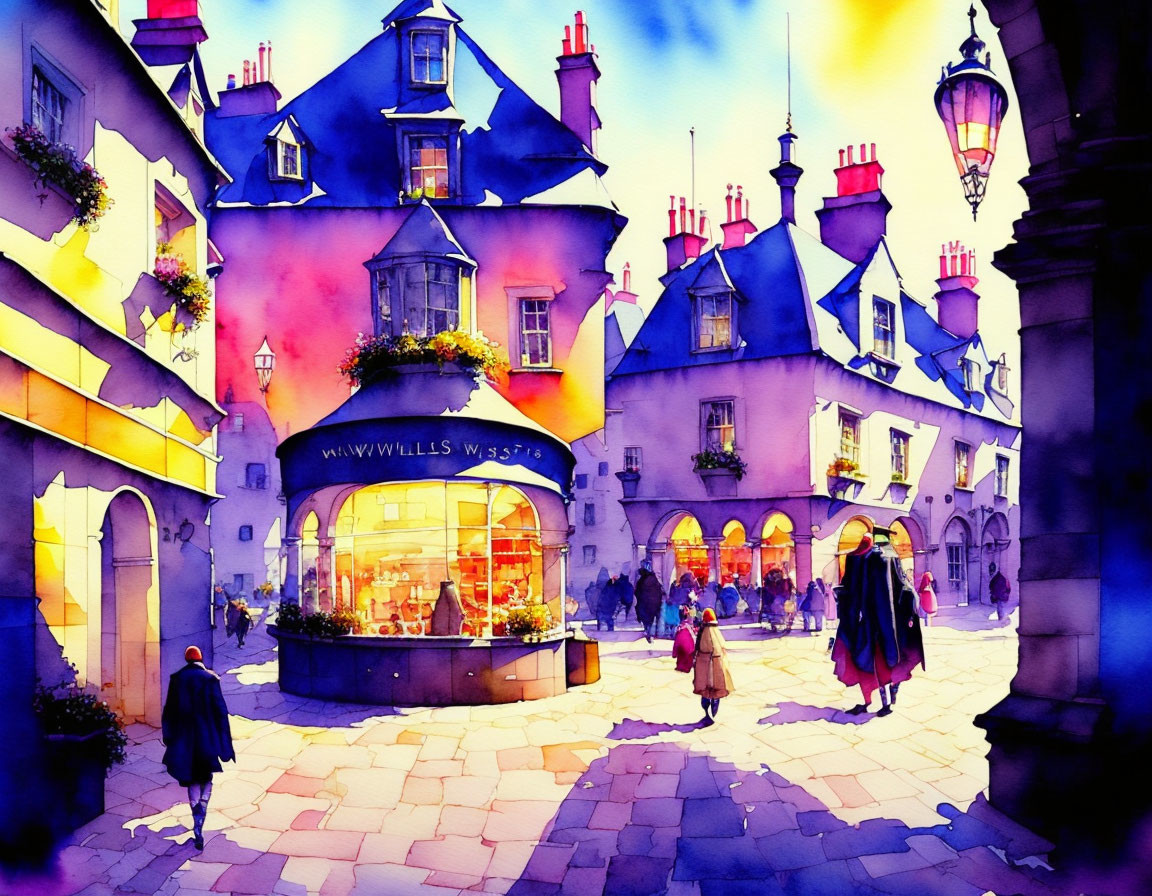 Vibrant old-time street scene with people and quaint shop under bright lighting