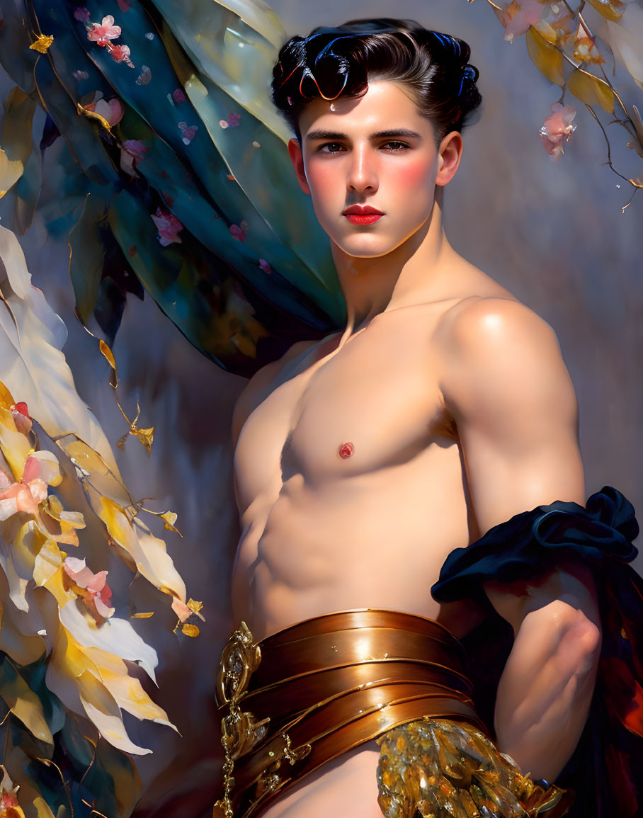 Stylized portrait of shirtless man with gold belt on floral background