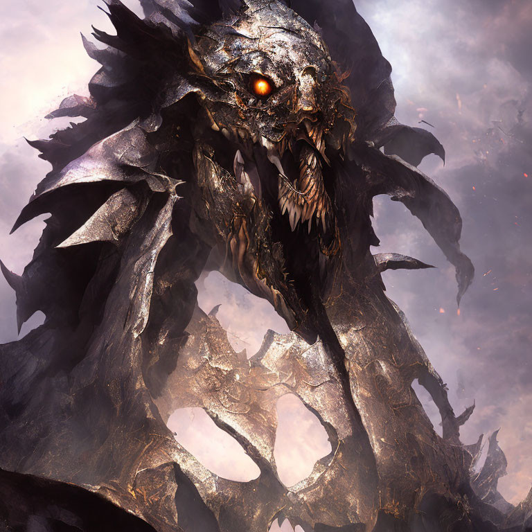 Menacing dragon with red eyes and sharp teeth in fiery haze.