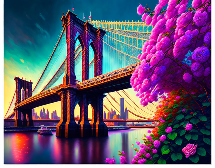 Brooklyn Bridge sunset illustration with pink and purple hues