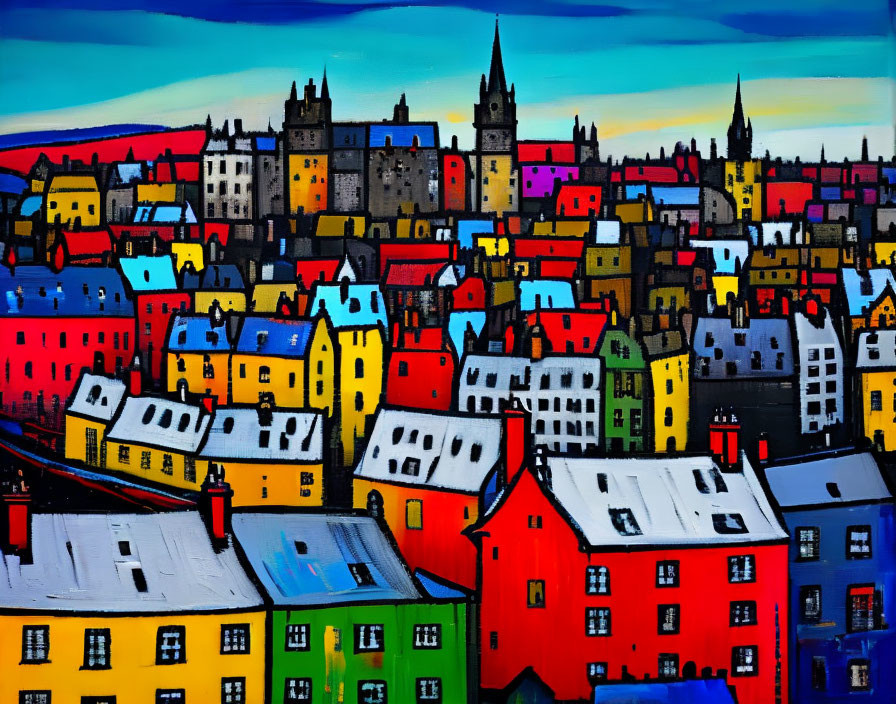Colorful Cityscape Painting with Diverse Buildings Against Blue Sky