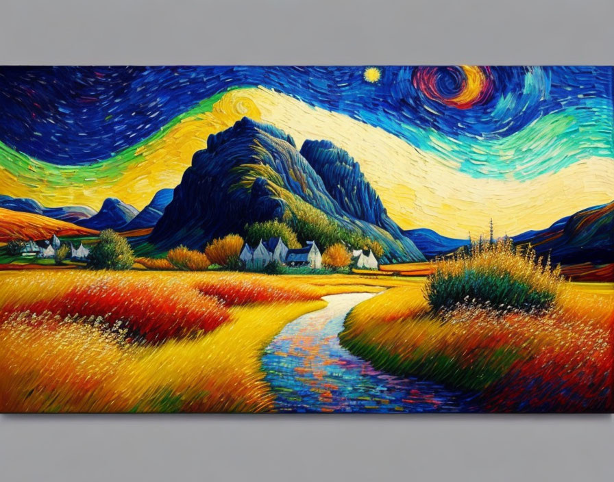 Colorful Starry Night Painting of Rural Landscape with Sky, Mountains, River, and Houses