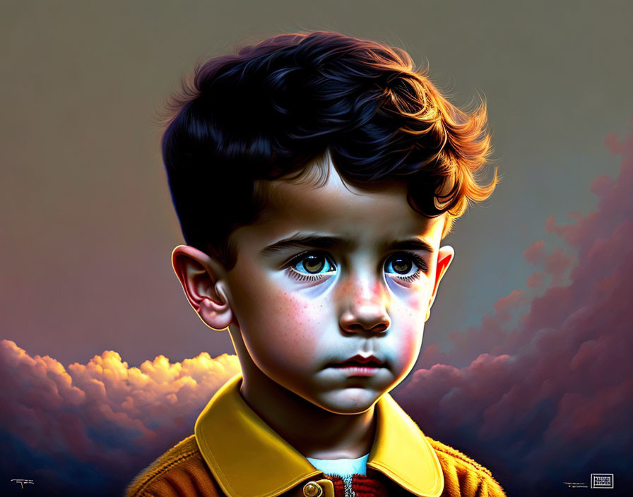 Young boy with dark curly hair in yellow shirt against stormy sunset backdrop
