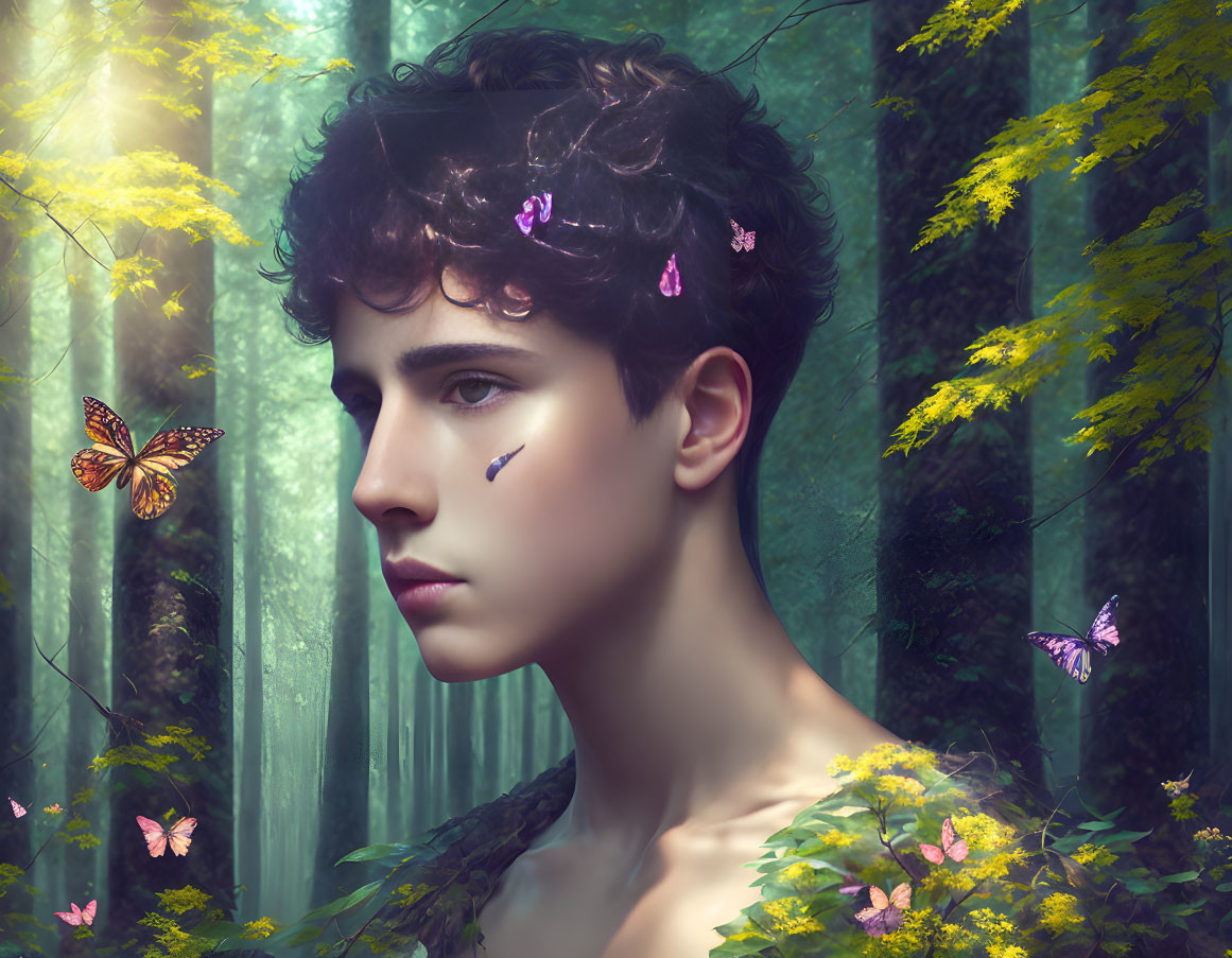 Person's Portrait with Butterflies and Flora in Enchanted Forest