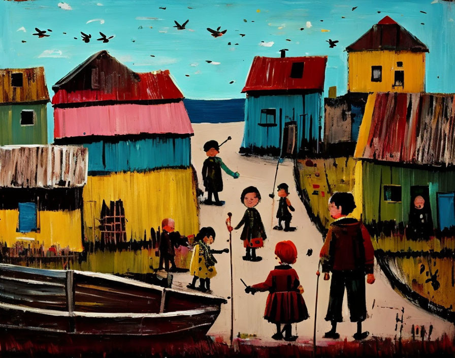 Vibrant seaside village painting with children playing near houses and boat dock.