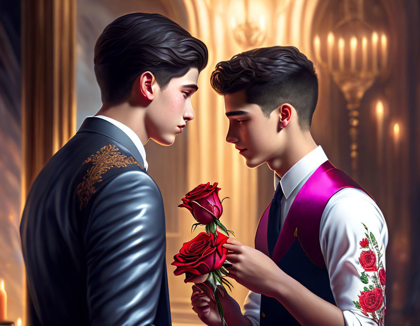 Two elegantly dressed men in luxurious room with rose, evoking romantic ambiance.