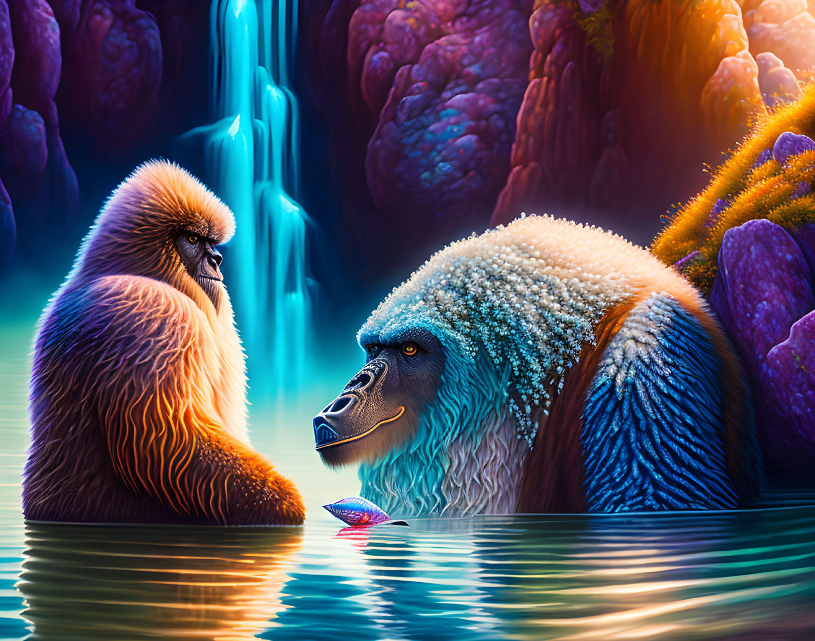 Colorful Gorillas by Luminous Waterfall Amid Exotic Flora