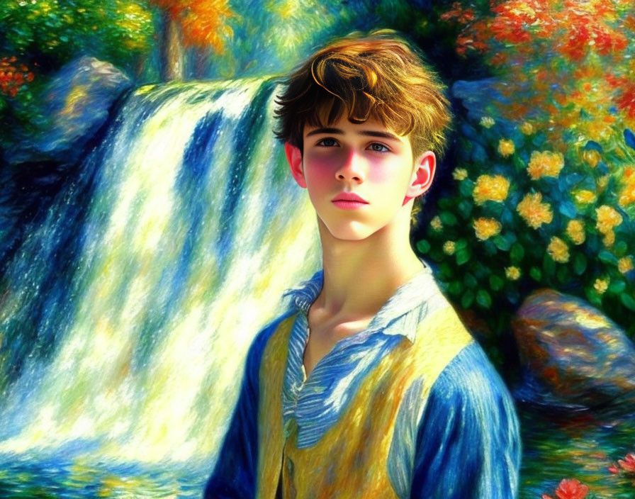 Young person with brown hair in front of waterfall and flowers.