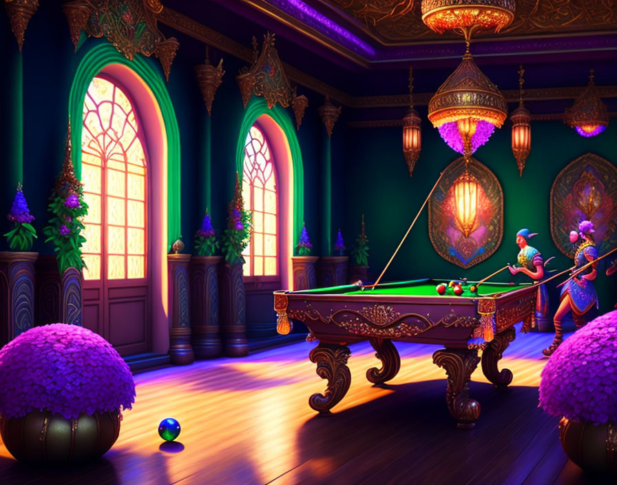 Luxurious Purple Room with Arched Windows, Pool Table, and Chandelier