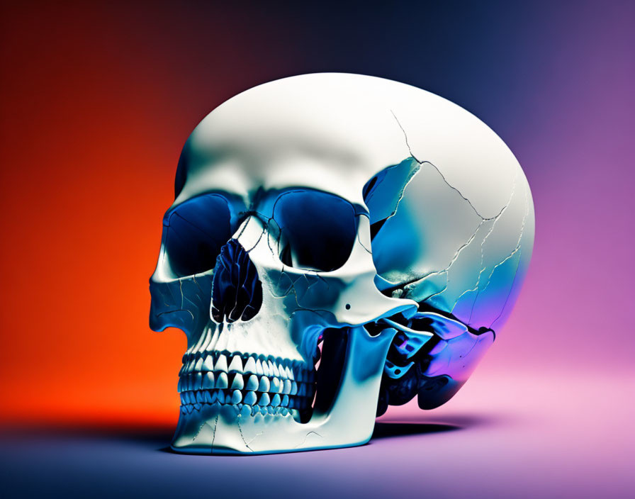Digital skull image with reflective surface on gradient background showcasing cracked area