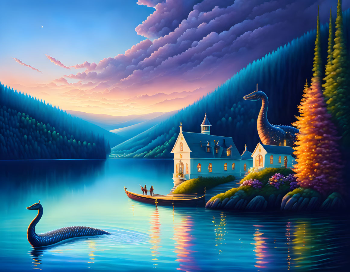 Fantastical landscape with giant serpent, serene lake, church, boat, lush trees, dramatic sunset