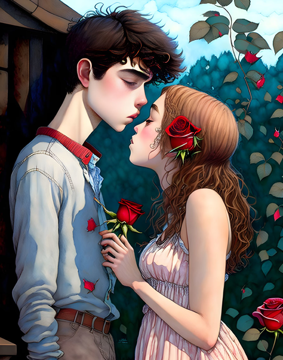 Illustration of young couple kissing with red roses and suspenders visible