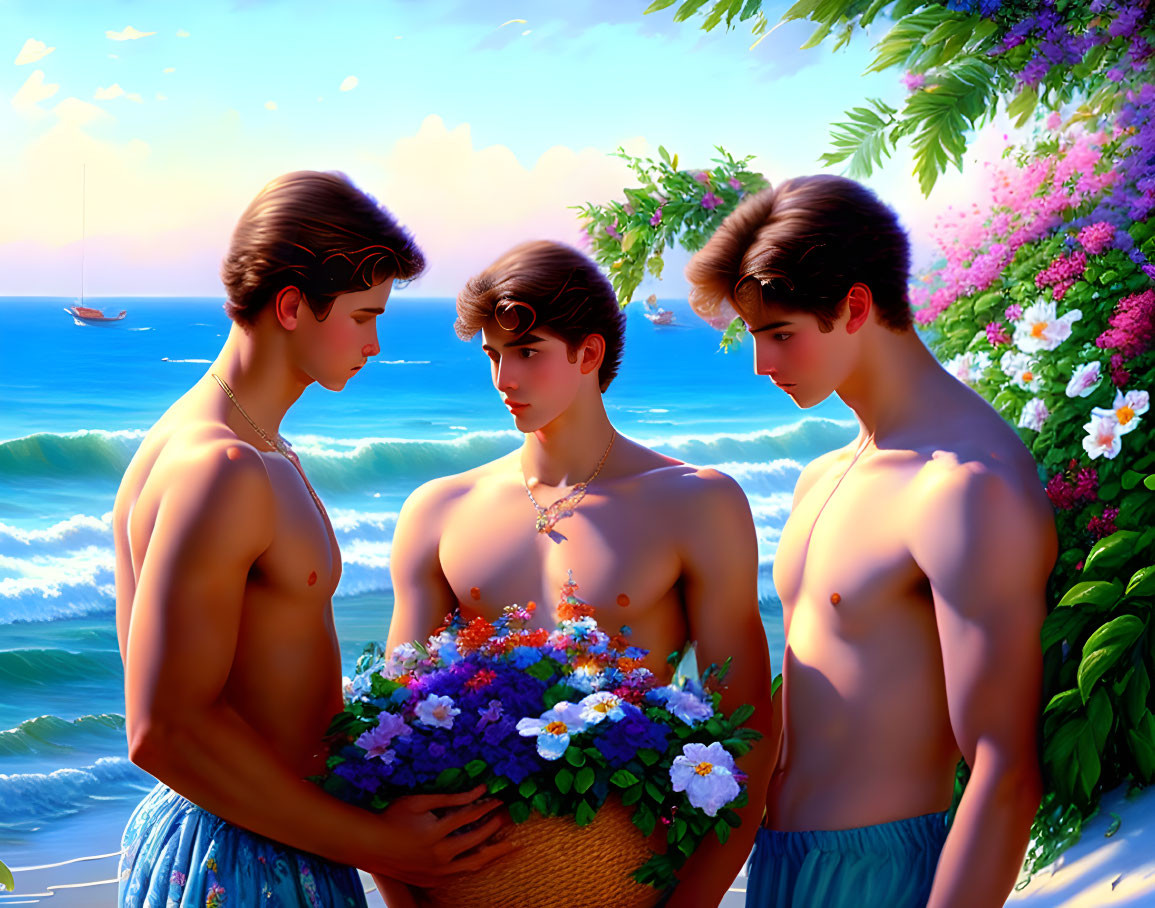 Three people on beach with vibrant flowers and serene ocean background