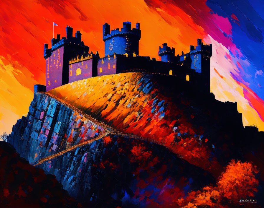 Majestic castle painting with vivid skies and autumnal landscape