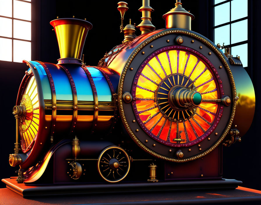 Colorful Steampunk Machine with Illuminated Wheel and Brass Accents