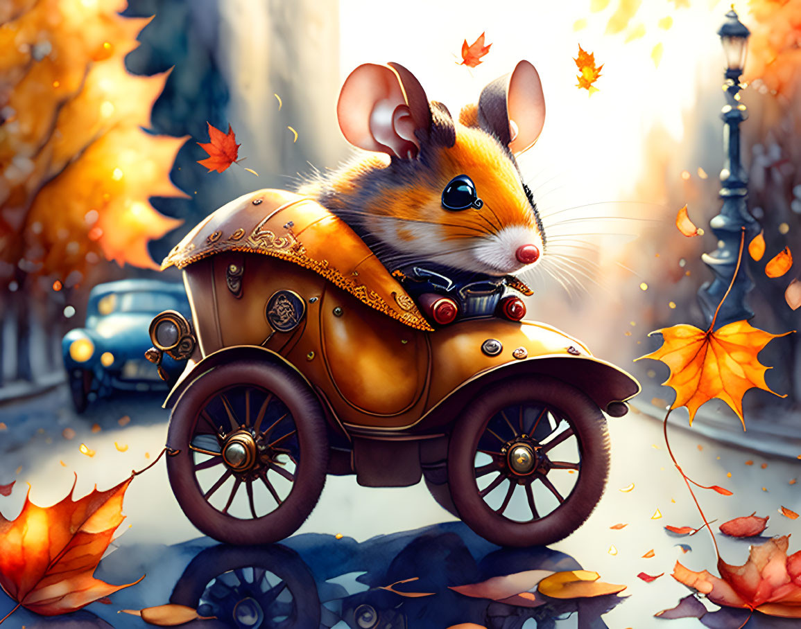 Illustrated Mouse Driving Vintage Car Nut in Autumn Scene