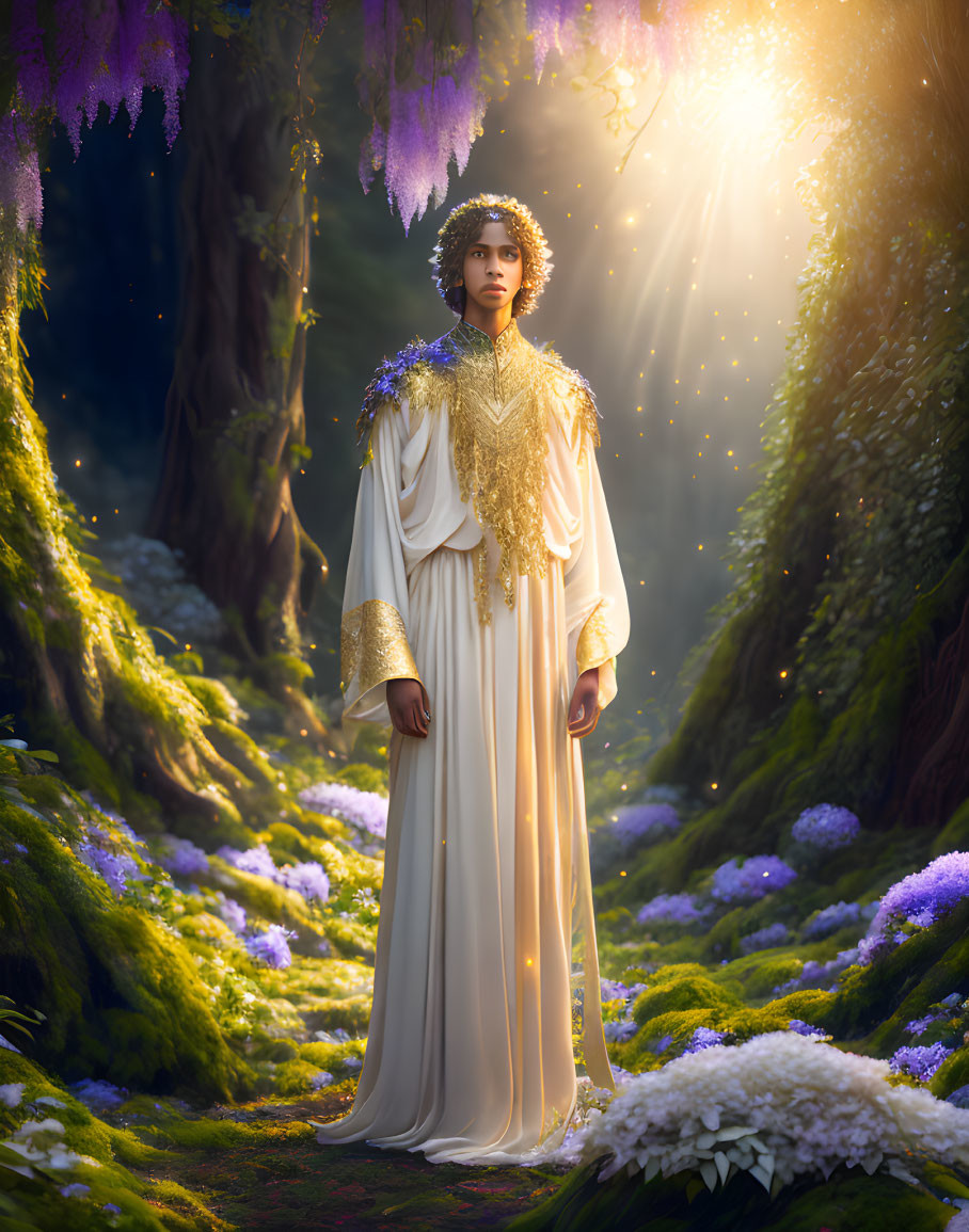 Regal Figure in White and Gold Gown in Sunlit Forest