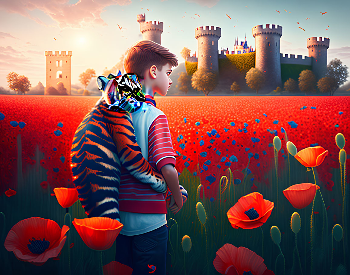 Young boy with tiger in poppy field at sunset with castle