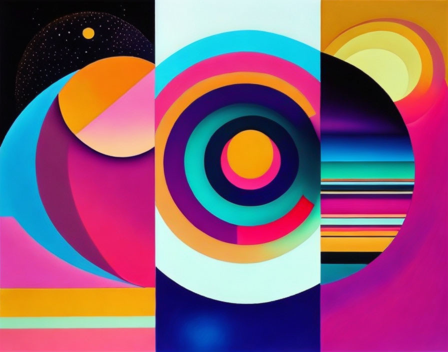 Vibrant Geometric Triptych Art with Abstract Shapes