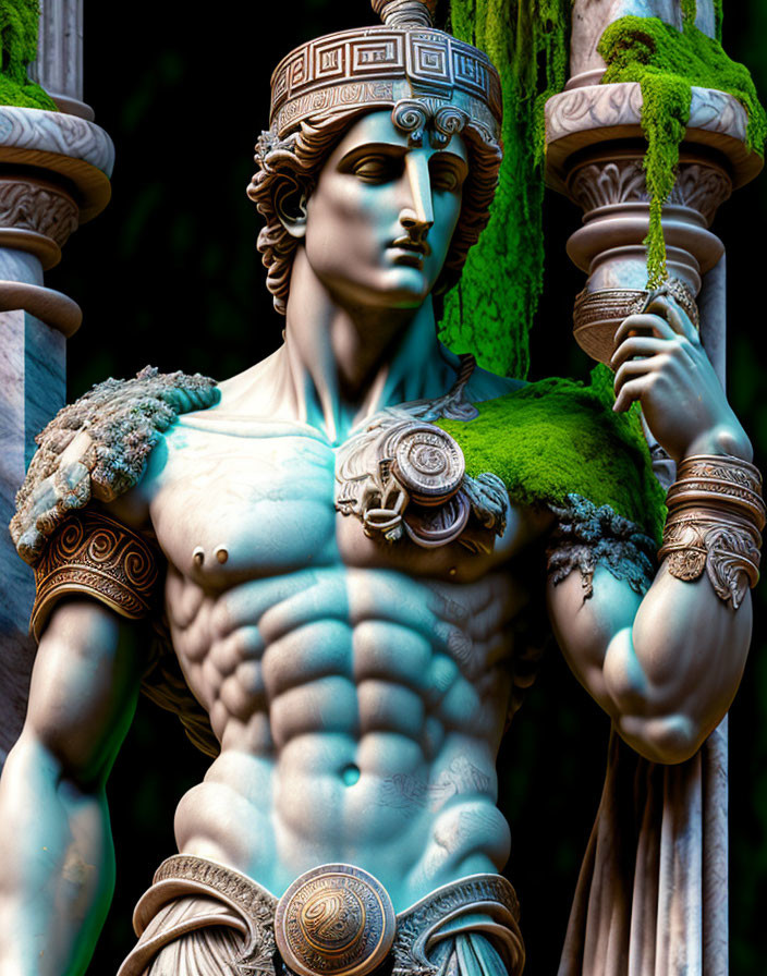 Muscular male figure statue in armor with sword, classical pillars and moss background