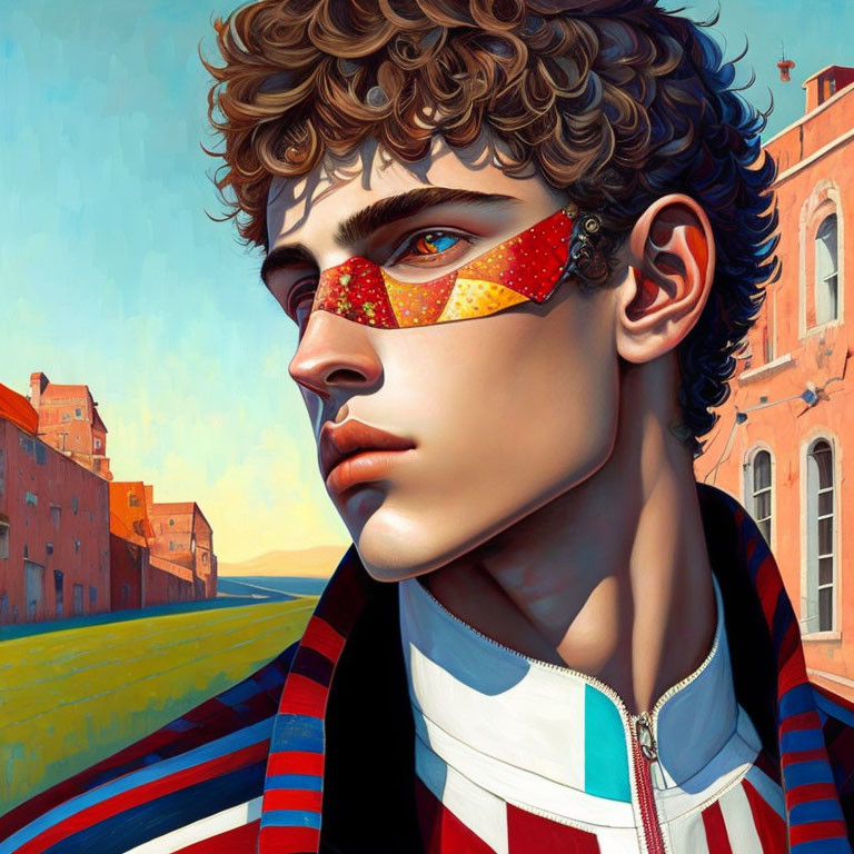 Digital artwork: Young man with curly hair in sunglasses and striped shirt against urban background