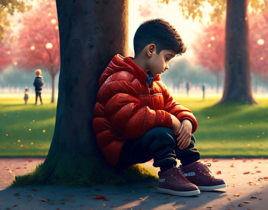 Boy in red jacket sitting under autumn tree in park, gazing at ground.