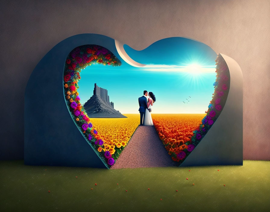 Romantic couple in heart-shaped floral archway with scenic landscape