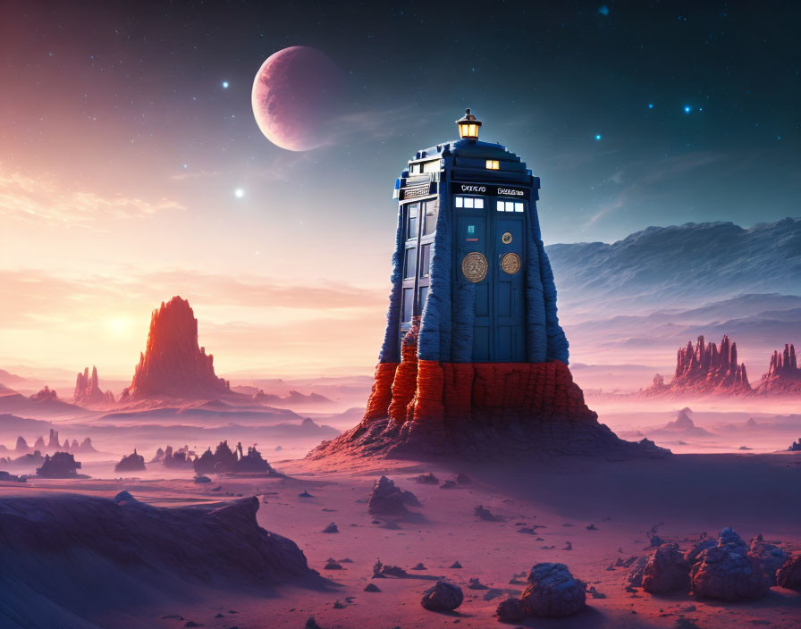 Sci-fi TARDIS on rocky alien terrain under twilight sky