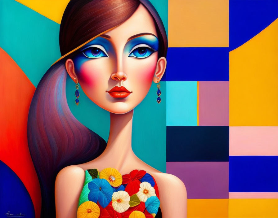 Colorful Geometric Background with Stylized Woman and Floral Elements