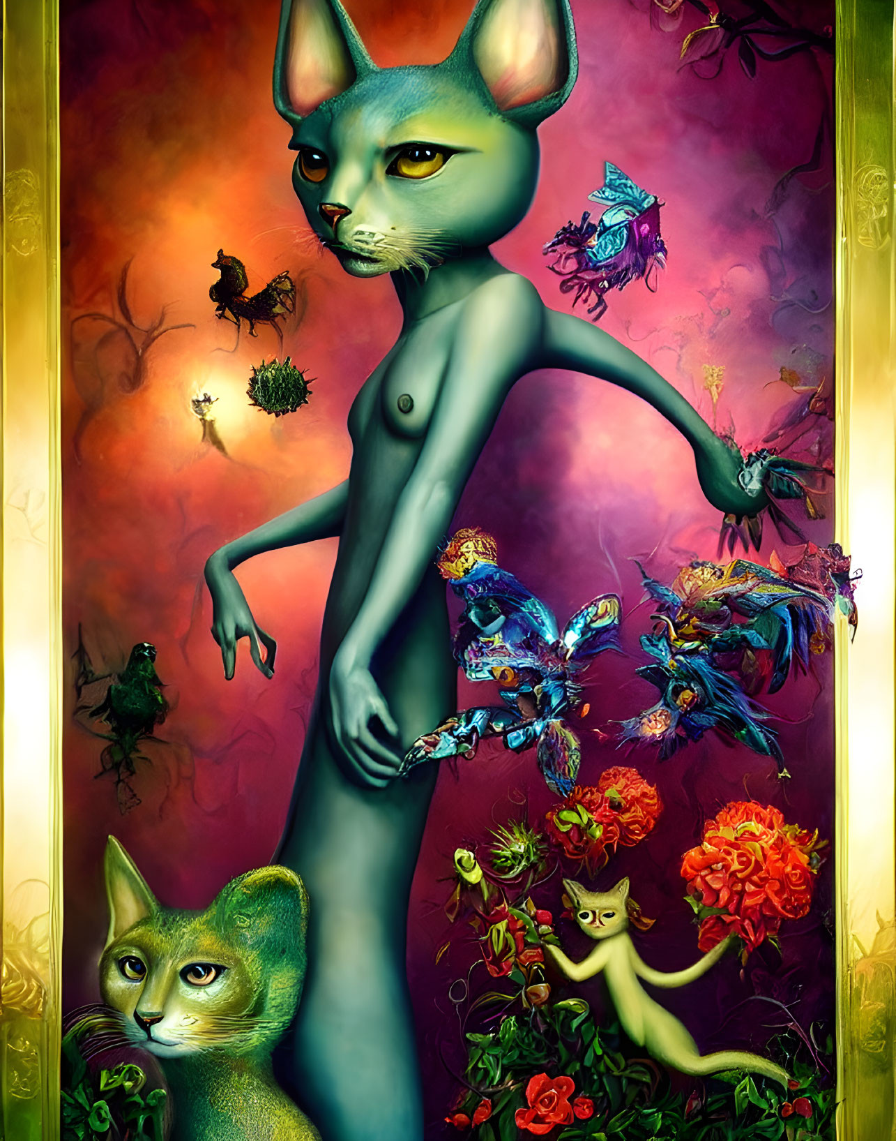 Surreal anthropomorphic cats in colorful floral fantasy scene