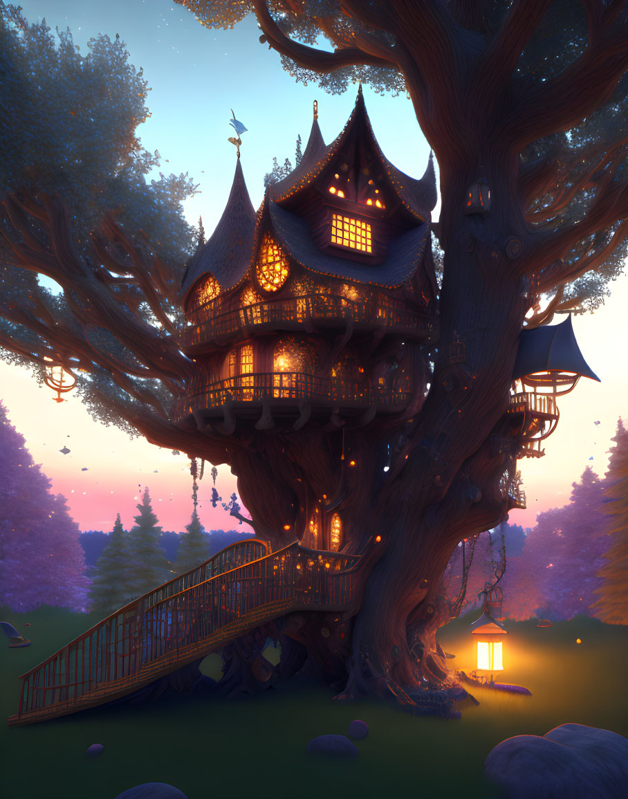 Twilight forest treehouse with winding staircase and hanging lantern