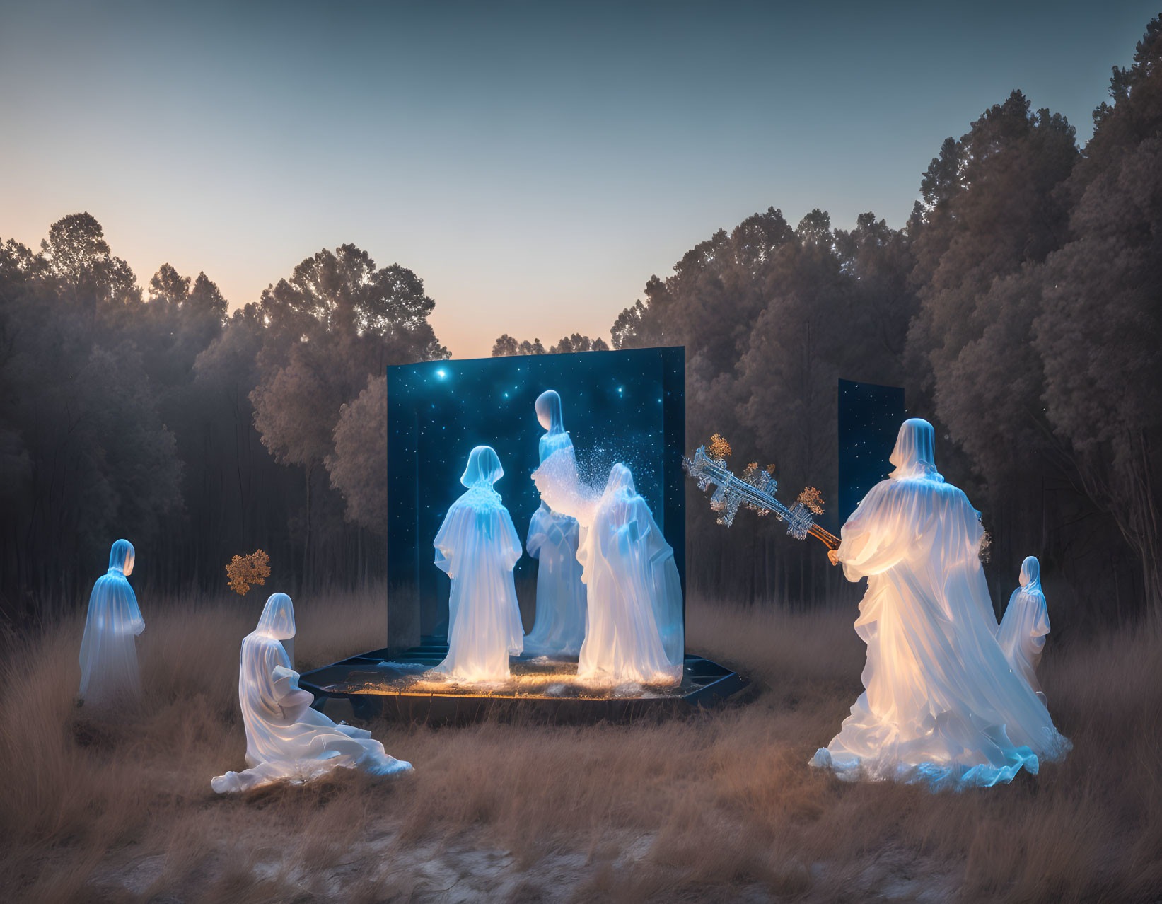 Figures in glowing white cloaks around cosmic doorway in forest
