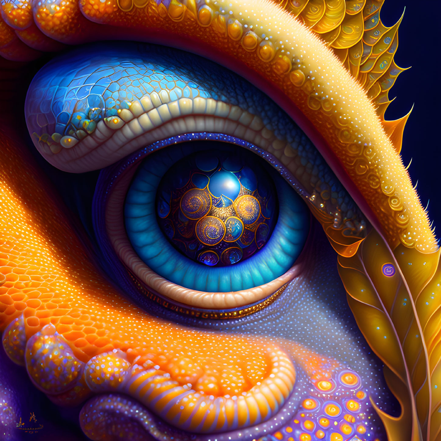 Detailed fantastical eye illustration in vivid blue, orange, and yellow